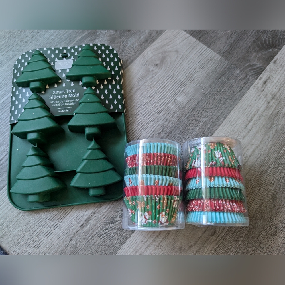 Green Xmas Tree Silicone Mold 2 Pks. and Festive Cupcake Liners,2 Packs/150 Each